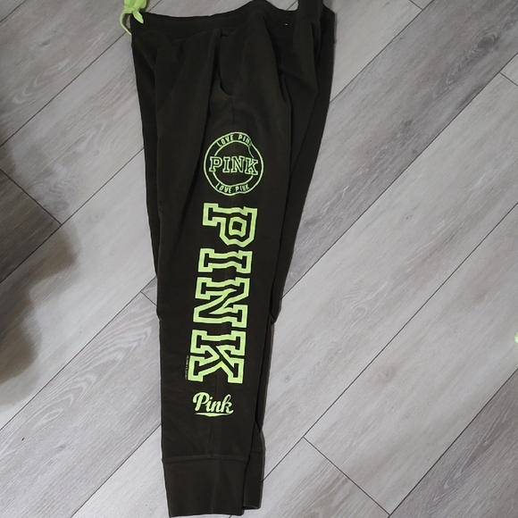 PINK Victoria's Secret Black and Green Sweatpants with Bold Branding - Picture 1 of 3